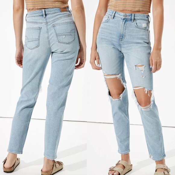 AMERICAN EAGLE AE Stretch Ripped Mom Jean Light Wash High Waisted Distressed 2 - Picture 1 of 16